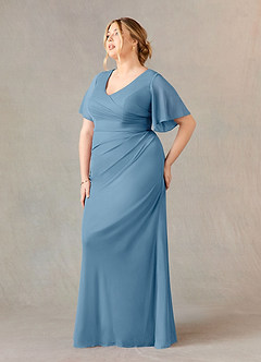 Azazie Selah Mother of the Bride Dresses Steel Blue A-Line V-Neck ruched Mesh Dress image8