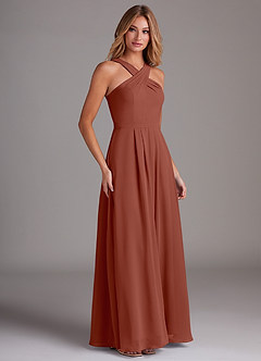 Azazie Dixie Bridesmaid Dresses Auburn A-Line Halter Pleated Chiffon Dress image4