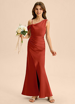 Azazie Madelyn Junior Osłona Zza ramienia Satyna elastyczna Długość podłogi Młodsza druhna Sukienka image1