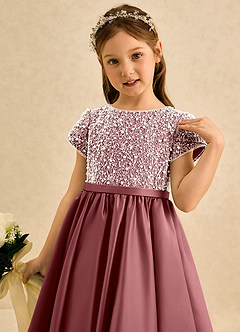 Azazie Cashew Flower Girl Dresses Amethyst Ball-Gown with Sleeves Matte Satin Dress image6