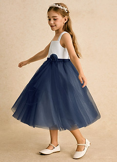 Azazie Bonny Flower Girl Dresses Ivory Dark Navy Ball-Gown Pleated Tulle Dress image3