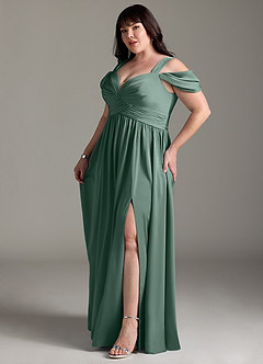Azazie Lianne Bridesmaid Dresses Eucalyptus A-Line Off the Shoulder Stretch Satin Dress image13