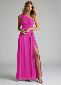 Azazie Brooke Bridesmaid Dresses Fuchsia A-Line One Shoulder Mesh Dress image1