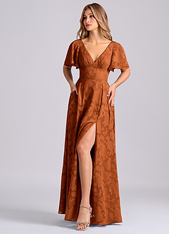 Azazie Kimber Bridesmaid Dresses Burnt Orange A-Line with Pockets Floral Burnout Dress image6