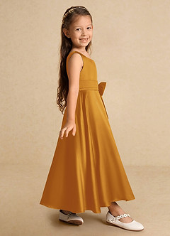 Azazie Lindy Flower Girl Dresses Butterscotch A-Line Pleated Matte Satin Dress image5