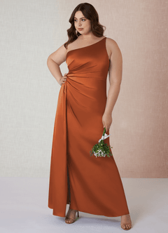 Azazie Mika Bridesmaid Dresses Cinnamon Sheath One Shoulder Stretch Satin Dress image8