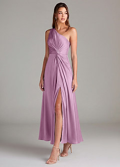 Azazie Brooke Robes de demoiselle d'honneur Robe Trapèze en Satin extensible Une épaule Glycine image3