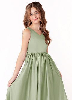 Azazie Hathaway Junior A-Linie Schleifen Stretch-Satin Kleid Staubiger Salbeigrün image5