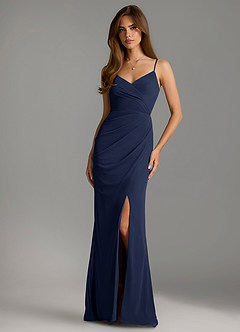 Azazie Maci Robes de demoiselle d'honneur Robe Fourreau en Maille Plissée Bleu Marine Foncé image1