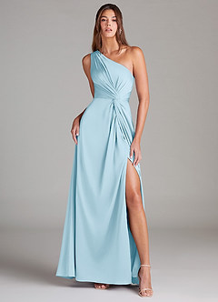 Azazie Brooke Robes de demoiselle d'honneur Robe Trapèze en Satin extensible Ue épaule Bleu Ciel image1