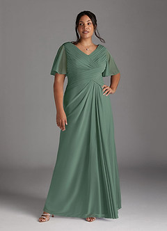 Azazie Emmeline Mother of the Bride Dresses Eucalyptus A-Line V-Neck Pleated Mesh Dress image9