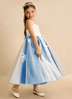 Azazie Coraline vestidos de niña de las flores Vestido de Marfil Azul Pastel de Encaje de Corte En A image5