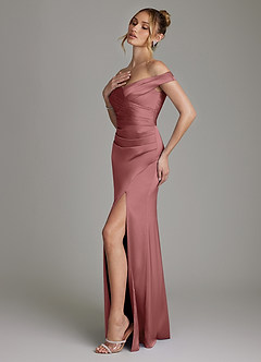 Azazie Teyana Bridesmaid Dresses Amethyst Sheath Off the Shoulder Stretch Satin Dress image6