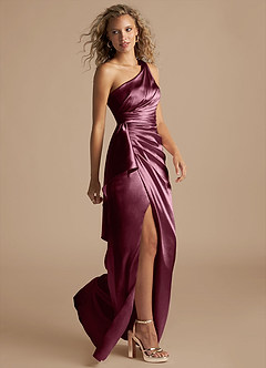 Azazie Maive Bridesmaid Dresses Cabernet Sheath Ruched Metallic Satin Dress image5