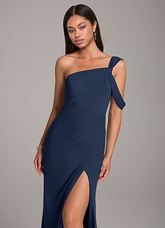 Azazie Wynter Bridesmaid Dresses Dark Navy Sheath Off the Shoulder Chiffon Dress image7