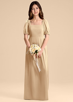 Azazie Briar Junior Vestido de Champán de Satén Elástico de Corte en A con Lazo image1