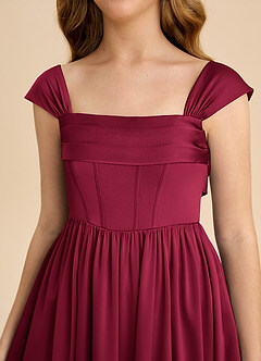 Azazie Hattie Junior Abito A-Line in Raso Elasticizzato Plissettato Borgogna image9