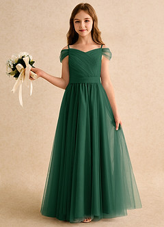 Azazie Yuna Girls Formal Abiti da Ragazza di Fiori Abito A-Line in Tulle Spalle Scoperte Verde Scuro image3