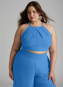Azazie Kenzi Jurken voor bruidsmeisjes Jumpsuit van Chiffon Geplooid Blauwe Gaai image11