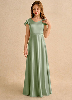 Azazie Nari Girls Formal Robe Demoiselle D'honneur Fillette Robe Trapèze en Satin extensible avec manches Vert Sauge image5