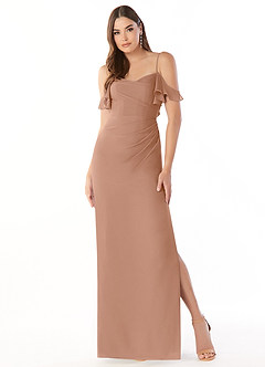 Azazie Emeralda Bridesmaid Dresses Champagne Rose Sheath Off the Shoulder Chiffon Dress image3
