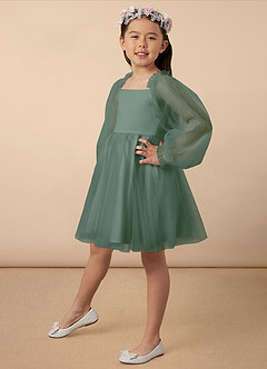 Azazie Aya Flower Girl Dresses Eucalyptus A-Line with Sleeves Tulle Dress image2