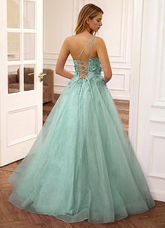 Felicite Light Green Floral A-line Tulle Sequin One Shoulder Glitter Prom Dress image4