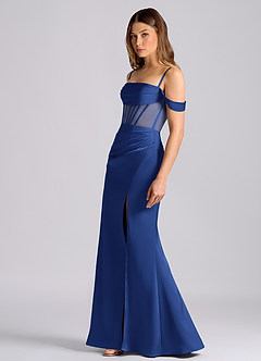 Azazie Alyce Robes de demoiselle d'honneur Robe Sirène Convertible en Satin extensible Épaule décolletée Bleu Roi image4