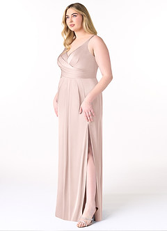 Azazie Aqua Bridesmaid Dresses Blushing Pink A-Line V-Neck Pleated Stretch Satin Dress image10