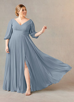 Azazie Zahara Mère de la mariée Robes Robe Trapèze en Mousseline de soie Col V plissé Bleu Poussiéreux image7