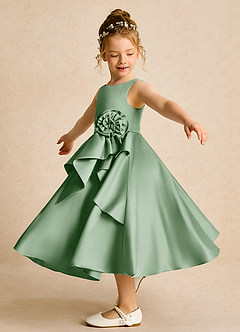 Azazie Hermia Blumenmädchenkleider A-Linie ärmellos Matte Satin Kleid Matcha image3