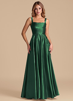 Azazie Shaude 신부 들러리 드레스 A라인 주름진 메탈릭 새틴 바닥 길이 드레스 image5