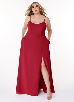 Azazie Moira Brautjungfernkleider A-Linie Schaufel Chiffon Kleid Scharlachrot image8