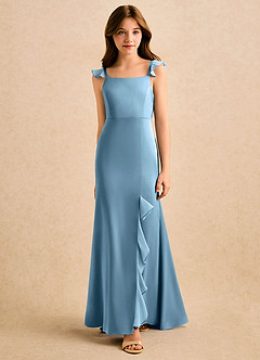 Azazie Novalie Girls Formal Abiti da Ragazza di Fiori Abito Sirena in Raso Elasticizzato Fiocco Blu Acciaio image3