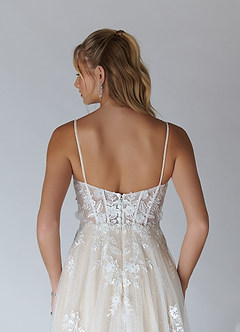 Azazie Alondra Wedding Dresses Diamond White Champagne A-Line Lace Tulle Dress image6