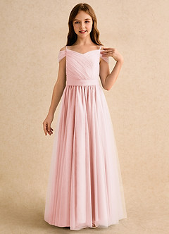 Azazie Yuna Girls Formal 플라워 걸 드레스 A라인 오프 더 숄더 얇실버 명주 그물 플로어 길이 드레스 image6