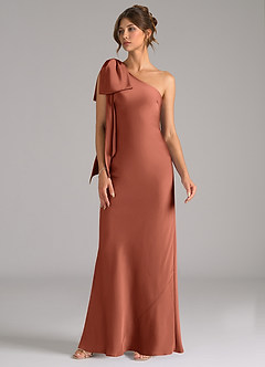 Azazie Capri Bridesmaid Dresses Clay Mermaid One Shoulder Stretch Satin Dress image4