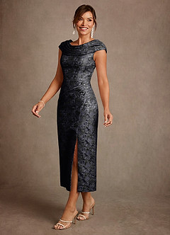 Azazie Alpine 신부의 어머니 드레스 A라인 주름진 플로럴 자카드 티 길이 드레스 image1