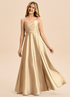 Azazie Rumi Junior Abito A-Line in Raso Elasticizzato Plissettato Champagne image1