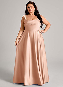 Azazie Shaude Bridesmaid Dresses Rose Gold A-Line Pleated Stretch Satin Dress image5