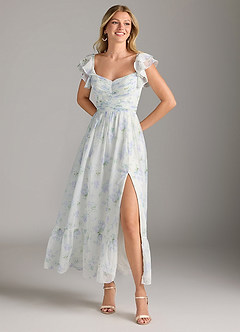 Azazie Anaya Probar vestidos en casa Vestido de Azul Vintage Floral de Gasa de Corte en A con Plisado image1
