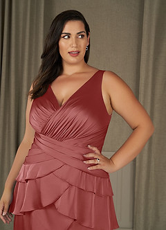 Azazie Viola Abiti per la Madre della Sposa Abito A-Line in Raso Elasticizzato Plissettato Rosa Antica image9