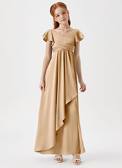 Azazie Omari Junior Gold A-Line Pleated Stretch Satin Dress image3