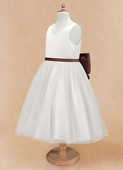 Azazie Seline Flower Girl Dresses Ivory Espresso A-Line Bow Tulle Dress image8