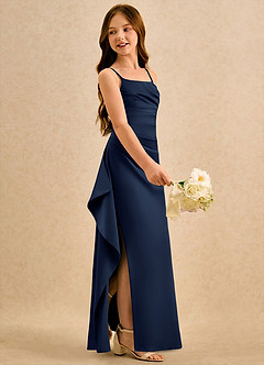 Azazie Cannoli Girls Formal Blumenmädchenkleider A-Linie Plissee Matte Satin Kleid Dunkelmarine image4