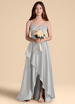 Azazie Prisha Junior Vestido de Plata de Satén Elástico de Corte en A con Plisado image6