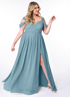 Azazie Lianne Robes de demoiselle d'honneur Robe Trapèze en Mousseline de soie Épaule décolletée Bleu Maussade image10