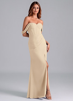 Azazie Asha Bridesmaid Dresses Champagne Sheath Off the Shoulder Chiffon Convertible Dress image3