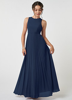 Azazie Lindie Junior A-Linie Plissee Chiffon Kleid Dunkelmarine image1
