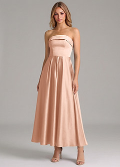 Azazie Lucienne Vestidos de madrinha de casamento Vestido Rosa Ouro de Cetim elástico de Linha A com Plissado image1